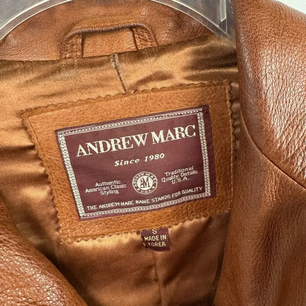 Andrew Marc Leather Car Coat S Brown Button Front Classic Heritage Luxury Jacket